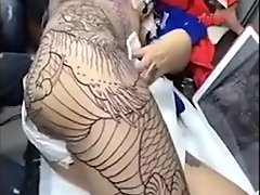 Tattoo artist try not to cum - getting tattoo for half naked beautiful girl